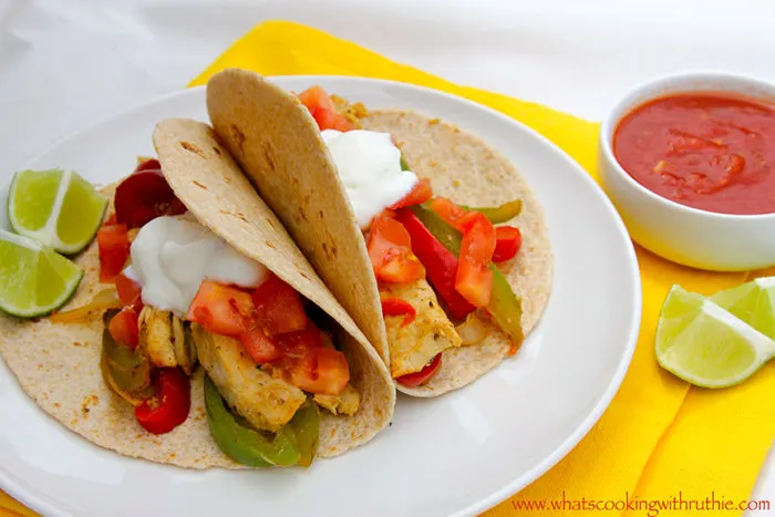 Lime Chicken Fajitas by whatscookingwithruthie.com