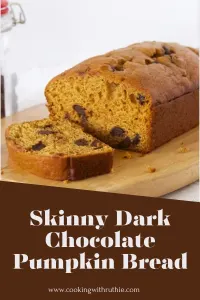 Moist pumpkin loaf swirled with dark chocolate&mdash;this low‑cal Dark Chocolate Pumpkin Bread is a fall baking favorite for any time of day. | cookingwithruthie.com #FallBaking #PumpkinRecipes #DarkChocolateBread #HealthyDesserts #CookingWithRuthie #AutumnBakes #LightDessert