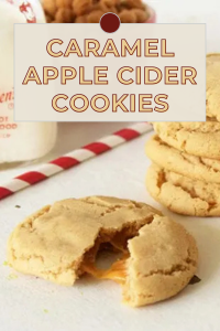 These soft, spiced cookies are filled with gooey caramel and infused with the warm flavors of apple cider. Perfect for fall gatherings or cozy nights in! #AppleCiderCookies #FallBaking #CaramelTreats #AutumnDesserts