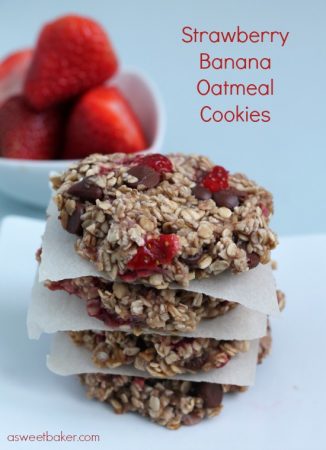 Strawberry Banana Oatmeal Cookies by www.asweetbaker.com on www.whatscookingwithruthie.com
