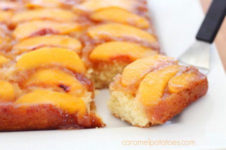 Peach Upside-Down Cake by www.caramelpotatoes.com on www.cookingwithruthie.com