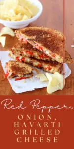 Enjoy a gourmet twist on a classic! This sandwich features melted Havarti cheese, sautéed red peppers, and onions, grilled to perfection between slices of your favorite bread. Perfect for a quick lunch or dinner, this grilled cheese is a satisfying meal that will elevate your taste buds. #GrilledCheese #HavartiSandwich #GourmetLunch #QuickMeals #DeliciousSandwiches #ComfortFood || cookingwithruthie.com