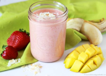Strawberry Banana Mango Coconut Smoothie on www.cookingwithruthie.com refreshing, healthy, and delicious!
