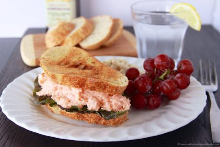 Salmon Salad Sandwich on www.cookingwithruthie.com is a delicious way to use your leftover salmon!