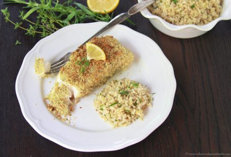 Lemon Herb Halibut with Herbed Rice on www.cookingwithruthie.com is a quick and easy dinner solution!