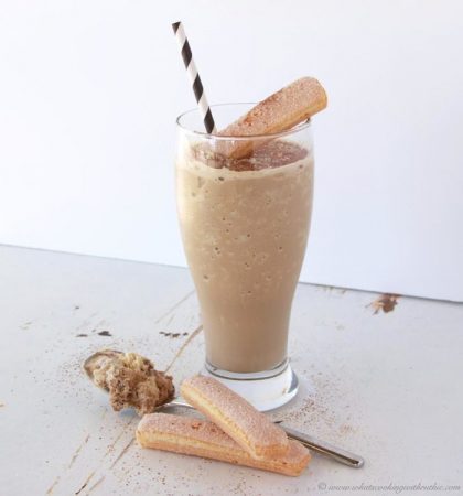 Tiramisu Milkshake on www.cookingwithruthie.com is a delightfully creamy and sweet with a mild coffee flavor~ it's a really amazing frosty treat!
