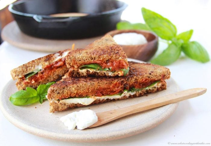 Roasted Tomato, Basil, Chevre, Grilled Cheese on www.cookingwithruthie.com a little something I created to celebrate National Grilled Cheese Day!