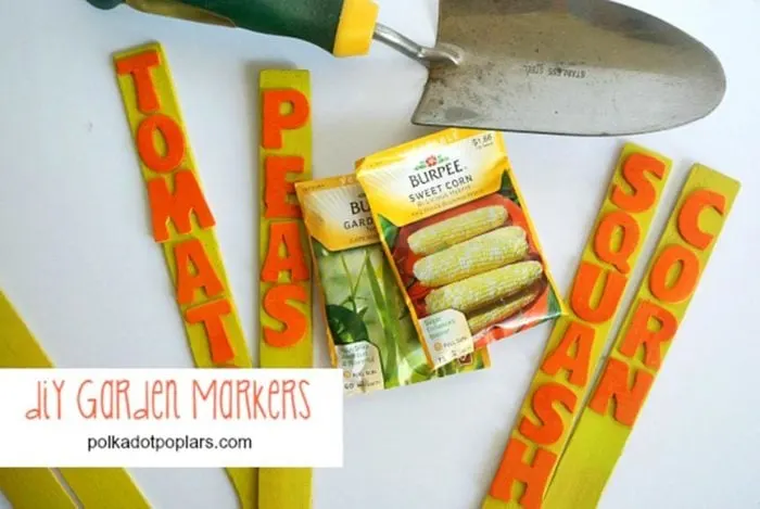 DIY Garden Markers by www.polkadotpoplars.com on www.cookingwithruthie.com to keep your garden happy!