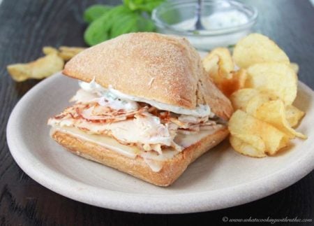 Hot Turkey Provolone Sandwich with Basil Mayo on www.cookingwithruthie.com bring the deli home with this delicious sandwich!