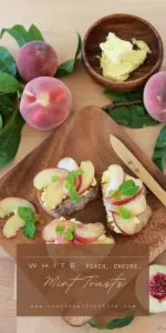 Delightfully elegant and bursting with flavor—these White Peach Chevre Mint Toasts are the fresh bite your summer table needs. Perfect for brunches, picnics, or a light starter! || cookingwithruthie.com #peachperfection #summerbrunch #easyappetizer #mintrecipes #chevrelove #freshandfabulous #lightbites #partytoast