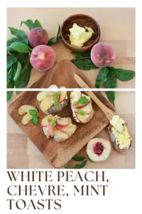 Fresh, light, and totally gourmet—these White Peach Chevre Mint Toasts are the ultimate summer appetizer! Sweet peaches meet tangy goat cheese and a burst of mint on crispy toast. || cookingwithruthie.com #summerappetizer #peachrecipes #goatcheesetoast #freshflavors #bruschettaideas #easygourmet #peachseason #partyfoodideas