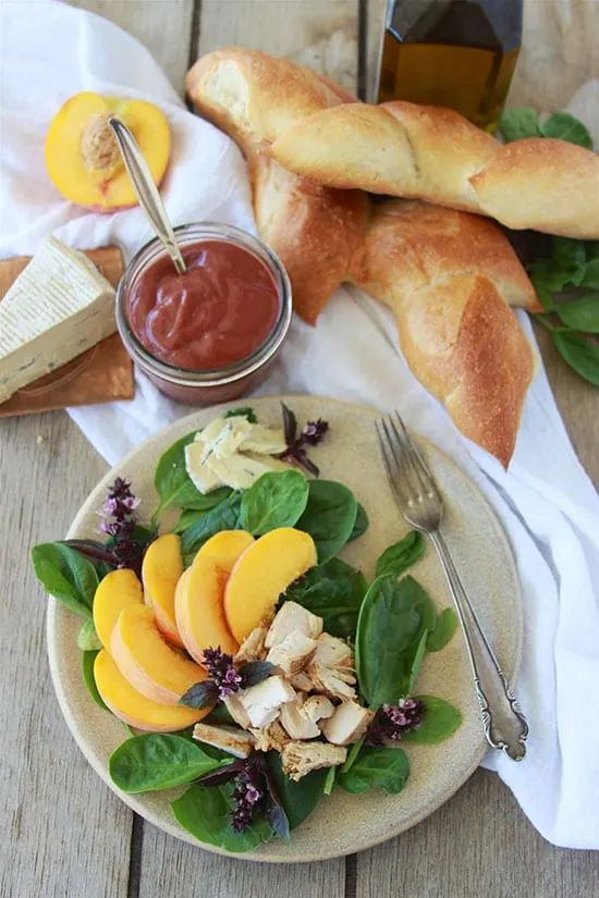 Today's Peach, Chicken, & Gorgonzola Salad Recipe is palate pleaser with tones of sweet & robust nestled on bed of baby spinach! by cookingwithruthie.com Today's Peach, Chicken, & Gorgonzola Salad Recipe is palate pleaser with tones of sweet & robust nestled on bed of baby spinach! by cookingwithruthie.com