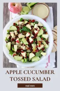 "Crisp apples and cool cucumbers tossed together with light dressing—this salad is the perfect fresh and crunchy side dish! || cookingwithruthie.com #FreshSalad #AppleCucumber #LightEats #CrunchyGoodness #HealthySides #SummerPlates #SimpleSalads #FarmToTable"