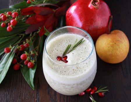 Asian Pear and Pomegranate Smoothie is healthy and festive beverage for the holidays! www.cookingwithruthie.com
