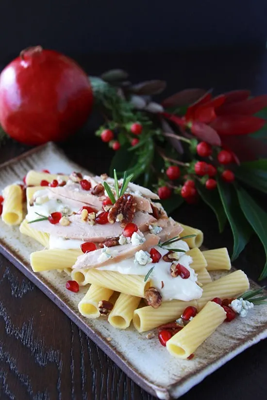 Our Pomegranate & Turkey Rigatoni with Ricotta Sauce Recipe is a simple pasta dinner that's perfect for your leftover turkey! by cookingwithruthie.com Our Pomegranate & Turkey Rigatoni with Ricotta Sauce Recipe is a simple pasta dinner that's perfect for your leftover turkey! by cookingwithruthie.com