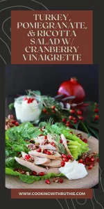 Tender turkey, creamy ricotta, juicy pomegranate seeds & crunchy walnuts tossed in cranberry vinaigrette — a festive salad that’s perfect for holiday dinners, cozy December lunches or light winter meals. 🍽️ | cookingwithruthie.com #holidaysalad #pomegranatesalad #winterrecipes #festivedining #healthyholiday #saladlover #cozyeats #cookingwithruthie