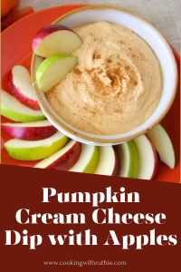 Creamy, dreamy, and perfect for fall! Mix pumpkin puree, cream cheese & yogurt, then serve with crisp apple slices for a sweet & tangy dip that works as an appetizer, dessert, or snack. || cookingwithruthie.com #PumpkinDip #FallRecipes #AutumnSnacks #CookingWithRuthie