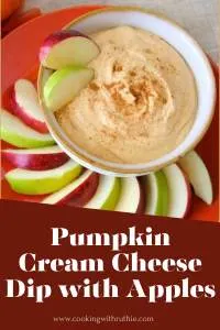 Creamy, dreamy, and perfect for fall! Mix pumpkin puree, cream cheese & yogurt, then serve with crisp apple slices for a sweet & tangy dip that works as an appetizer, dessert, or snack. || cookingwithruthie.com #PumpkinDip #FallRecipes #AutumnSnacks #CookingWithRuthie