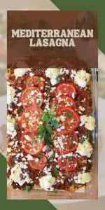 Layers of zucchini, eggplant, spinach, tomatoes, and feta make this Mediterranean Lasagna a vibrant, veggie-filled comfort food treat. | cookingwithruthie.com #MediterraneanLasagna #VeggieLasagna #HealthyBaking #LayeredCasserole #CookingWithRuthie #ComfortFood #VegetarianRecipes