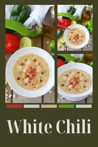 Warm up with this hearty White Chili featuring six types of peppers, tender chicken or pheasant, smoky bacon, and creamy beans. Perfect for cozy nights and meal prep! Customize with your favorite protein and enjoy a comforting bowl of flavor. #WhiteChili #ComfortFood #SoupSeason #CookingWithRuthie