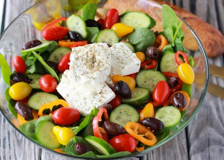 Mediterranean Spinach Salad Recipe is a colorful salad to feed a crowd! by cookingwithruthie.com