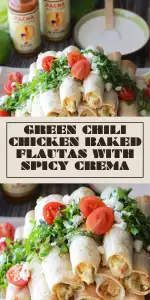 These baked flautas are loaded with green-chili chicken and finished with a rich, spicy crema &mdash; a crunchy, bold dish perfect for game night or family dinner. | cookingwithruthie.com #FlautasRecipe #GreenChiliChicken #BakedFlautas #SpicyCrema #MexicanInspired #CookingWithRuthie #FamilyDinner #SnackTime
