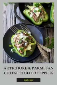 "Tender peppers stuffed with artichokes, parmesan, and creamy goodness—a colorful, cheesy delight! || cookingwithruthie.com #StuffedPeppers #ArtichokeLovers #CheesyEats #VeggieGoodness #DinnerInspo #ParmesanPerfection #HealthyComfortFood #BakedGoodness"