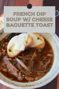 Recreate classic French dip flavors in soup form with juicy beef, savory broth, and melted cheese toast — cozy, comforting, glorious. | cookingwithruthie.com #FrenchDip #SoupAndToast #CheeseLovers #ComfortRecipes #CookingWithRuthie #EasySoup #DinnerIdeas