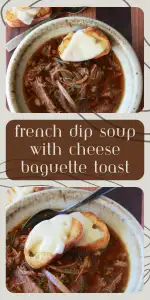 Slow‑cooked roast beef simmers in savory au jus, then gets shredded and served with warm cheese‑topped baguette toasts — the ultimate cozy, comfort‑food soup for chilly nights. Perfect for December dinners or a relaxing winter meal at home. 🍲 | cookingwithruthie.com #frenchdipsoup #comfortsoup #wintermeals #heartyrecipes #soupseason #cozymeals #pinterestfood #cookingwithruthie
