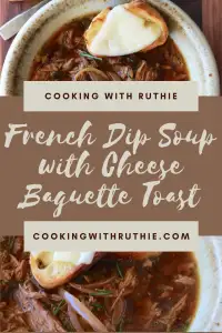 Tender beef simmered in savory jus served with crispy, cheesy baguette toasts — this French Dip Soup is the ultimate cozy meal for chilly December evenings or winter dinner nights. 🍲 | cookingwithruthie.com #frenchdipsoup #comfortfood #winterrecipes #heartymeals #souplover #cozymeals #pinterestfood #cookingwithruthie