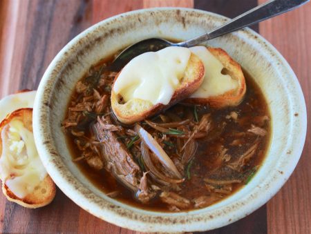 French Dip Soup with Cheese Baguette Toasts Recipe is a slow cooker recipe that's sure to bring smiles to the whole family! by cookingwithruthie.com
