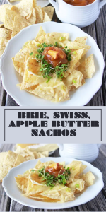 Indulge in the flavors of fall with these unique nachos! Melted Swiss and Brie cheeses atop crispy tortilla chips, complemented by the warmth of cinnamon apple butter and the freshness of microgreens and chives. An unexpected twist on a classic favorite. #AppleButter #CheeseLovers #FallRecipes #CookingWithRuthie