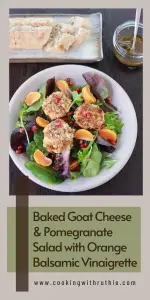 Bright, crunchy greens meet warm baked goat cheese, juicy pomegranate arils and orange slices for a festive salad that tastes like December. Light but full of flavor &mdash; perfect for holiday dinners or cozy winter lunches. 🥗| cookingwithruthie.com #winterSalad #holidayrecipes #goatcheese #pomegranate #christmassalad #healthymeals #pinterestfood #cookingwithruthie