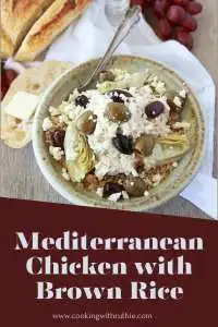 Set it and forget it: Chicken, Brown Rice, feta, olives, and artichokes combine in this Mediterranean Chicken with Brown Rice recipe &mdash; effortless slow-cooker comfort. | cookingwithruthie.com #MediterraneanChicken #BrownRice #SlowCookerMeals #OnePotDinner #HealthyDinner #CookingWithRuthie #GreekInspired #FamilyMeal