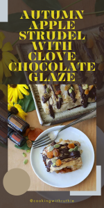 This autumn treat features warm apple filling inside crisp pastry, topped with a chocolate glaze spiced with clove. Elegant and seasonal! || cookingwithruthie.com #AutumnRecipes #AppleDessert #StrudelRecipe #ChocolateLovers #CookingWithRuthie