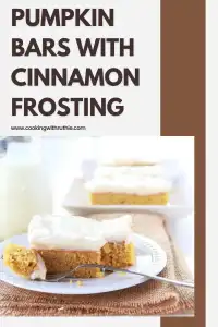 Moist pumpkin bars topped with a luscious cinnamon cream cheese frosting&mdash;perfect for fall baking, dessert boards or cozy holiday gatherings! | cookingwithruthie.com #PumpkinBars #CreamCheeseFrosting #FallDesserts #AutumnBaking #ComfortTreats #CookingWithRuthie #SpicedSweet