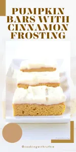 Indulge in these spiced pumpkin bars crowned with creamy cinnamon-infused cream cheese frosting&mdash;an ideal dessert for fall and early holiday moments. | cookingwithruthie.com #PumpkinDessert #BarsRecipe #CinnamonFrosting #HomemadeDesserts #CookingWithRuthie #FallFlavors #SweetBakes