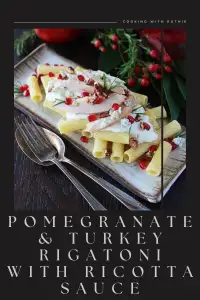 Creamy ricotta and blue cheese sauce swirls around tender turkey and rigatoni, then garnished with pomegranate seeds and walnuts for a festive holiday‑ready pasta dinner. Perfect for cozy winter nights or Christmas leftovers done right! 🍝 | cookingwithruthie.com #turkeypasta #holidaydinner #bluecheese #festivefood #wintercomfort #pasta #cookingwithruthie #pinterestfood