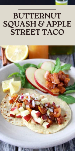 These cozy fall tacos combine roasted butternut squash, diced apples, and a blend of warming spices in soft tortillas. A seasonal favorite you’ll want on repeat! || cookingwithruthie.com #TacoNight #SquashRecipes #AppleRecipes #FallCooking #CookingWithRuthie