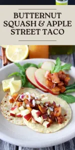 These cozy fall tacos combine roasted butternut squash, diced apples, and a blend of warming spices in soft tortillas. A seasonal favorite you’ll want on repeat! || cookingwithruthie.com #TacoNight #SquashRecipes #AppleRecipes #FallCooking #CookingWithRuthie