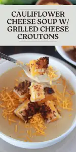 Indulge in this creamy roasted cauliflower and mushroom cheese soup, finished with buttery grilled‑cheese croutons for texture and flavor in every spoonful. | cookingwithruthie.com #RoastedCauliflower #MushroomRecipes #CheesySoup #SoupAndCroutons #CookingWithRuthie #CozyDinner #CheeseComfort #EasyRecipes