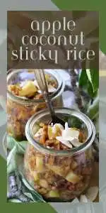 Sweet apples and rich coconut flavor dance over sticky rice in this comforting dessert. Simple to make and deeply satisfying. || cookingwithruthie.com #AppleCoconut #RiceDessert #AutumnFlavors #ComfortDesserts #CookingWithRuthie